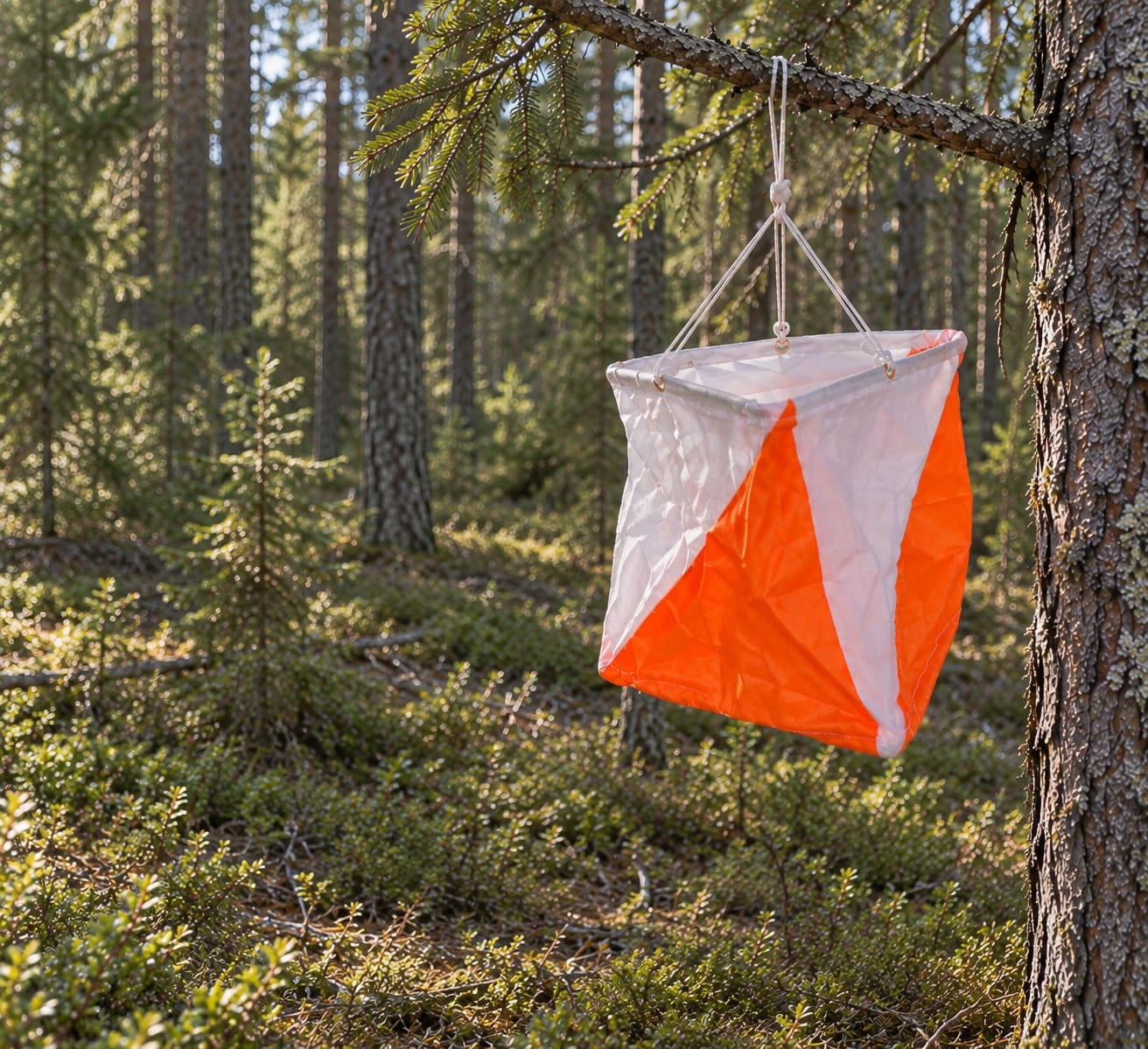 Orienteringsskärm 30x30cm hängandes i skogen