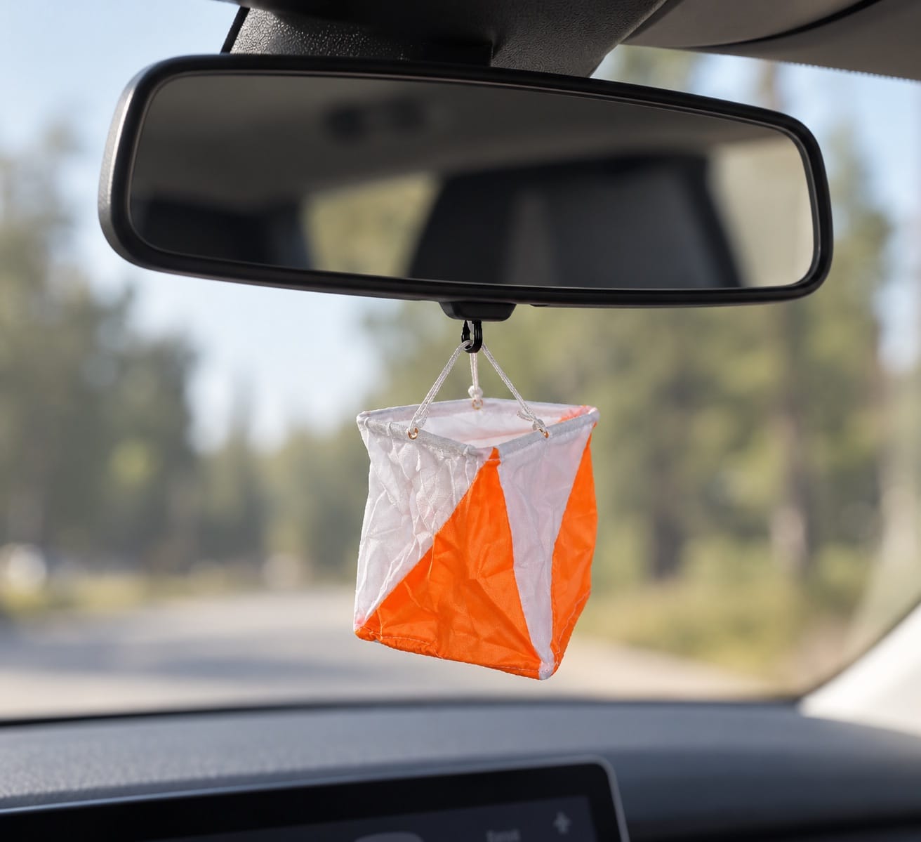 6x6 cm navigation screen hanging from a rearview mirror